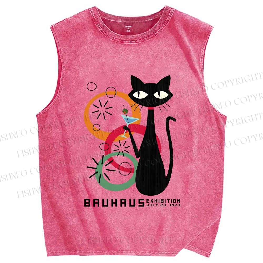 Unisex Bauhaus Black Cat Drinking Printed Washed Tank Top