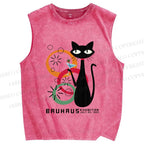 Unisex Bauhaus Black Cat Drinking Printed Washed Tank Top