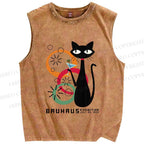 Unisex Bauhaus Black Cat Drinking Printed Washed Tank Top