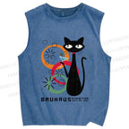 Unisex Bauhaus Black Cat Drinking Printed Washed Tank Top