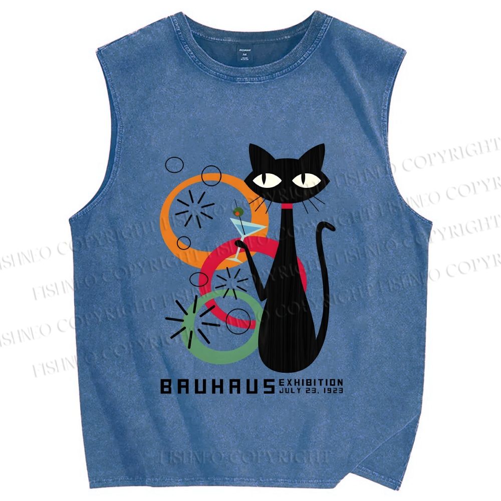 Unisex Bauhaus Black Cat Drinking Printed Washed Tank Top
