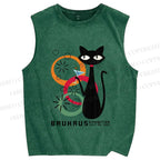 Unisex Bauhaus Black Cat Drinking Printed Washed Tank Top