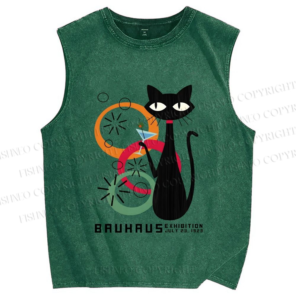 Unisex Bauhaus Black Cat Drinking Printed Washed Tank Top