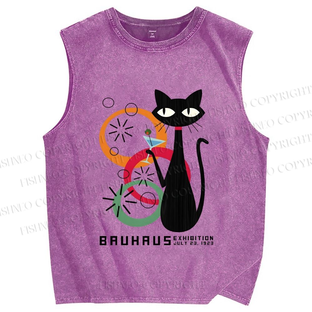 Unisex Bauhaus Black Cat Drinking Printed Washed Tank Top