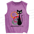 Unisex Bauhaus Black Cat Drinking Printed Washed Tank Top