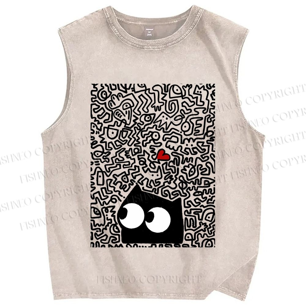 Unisex Black Cat in Line Graffiti Printed Washed Tank Top