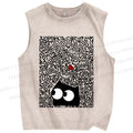 Unisex Black Cat in Line Graffiti Printed Washed Tank Top