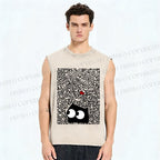 Unisex Black Cat in Line Graffiti Printed Washed Tank Top