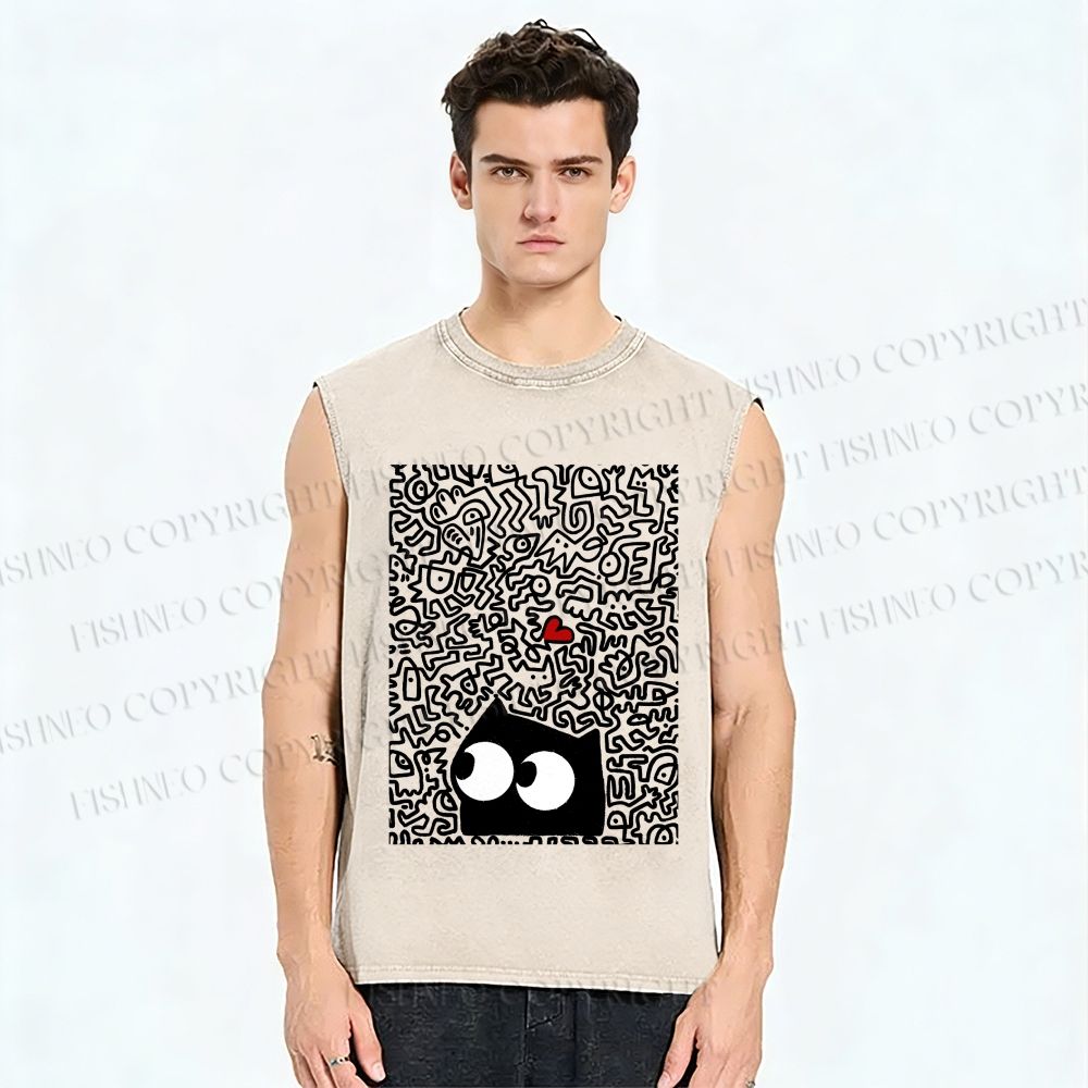 Unisex Black Cat in Line Graffiti Printed Washed Tank Top
