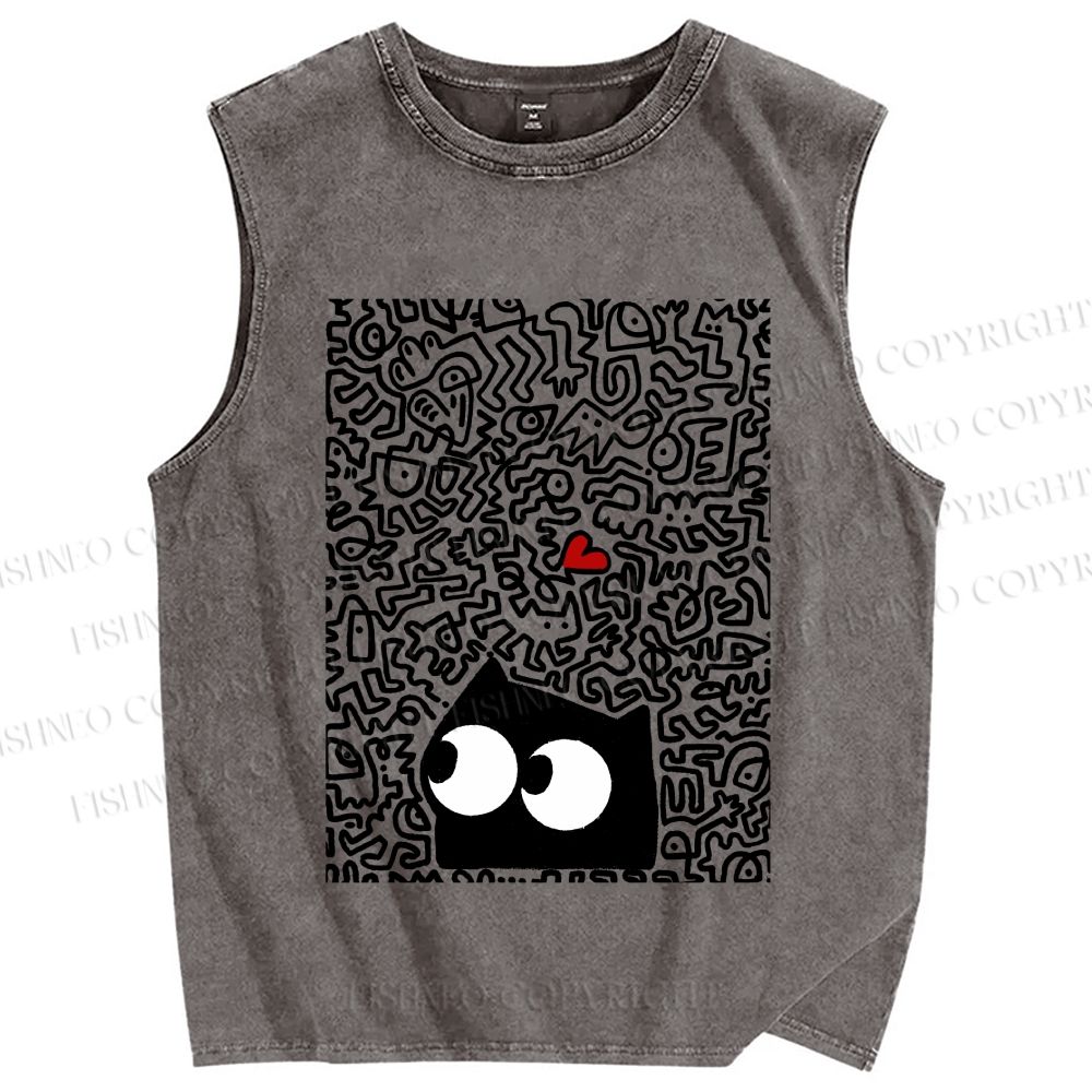 Unisex Black Cat in Line Graffiti Printed Washed Tank Top