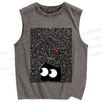 Unisex Black Cat in Line Graffiti Printed Washed Tank Top