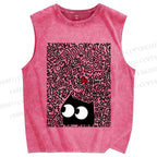 Unisex Black Cat in Line Graffiti Printed Washed Tank Top