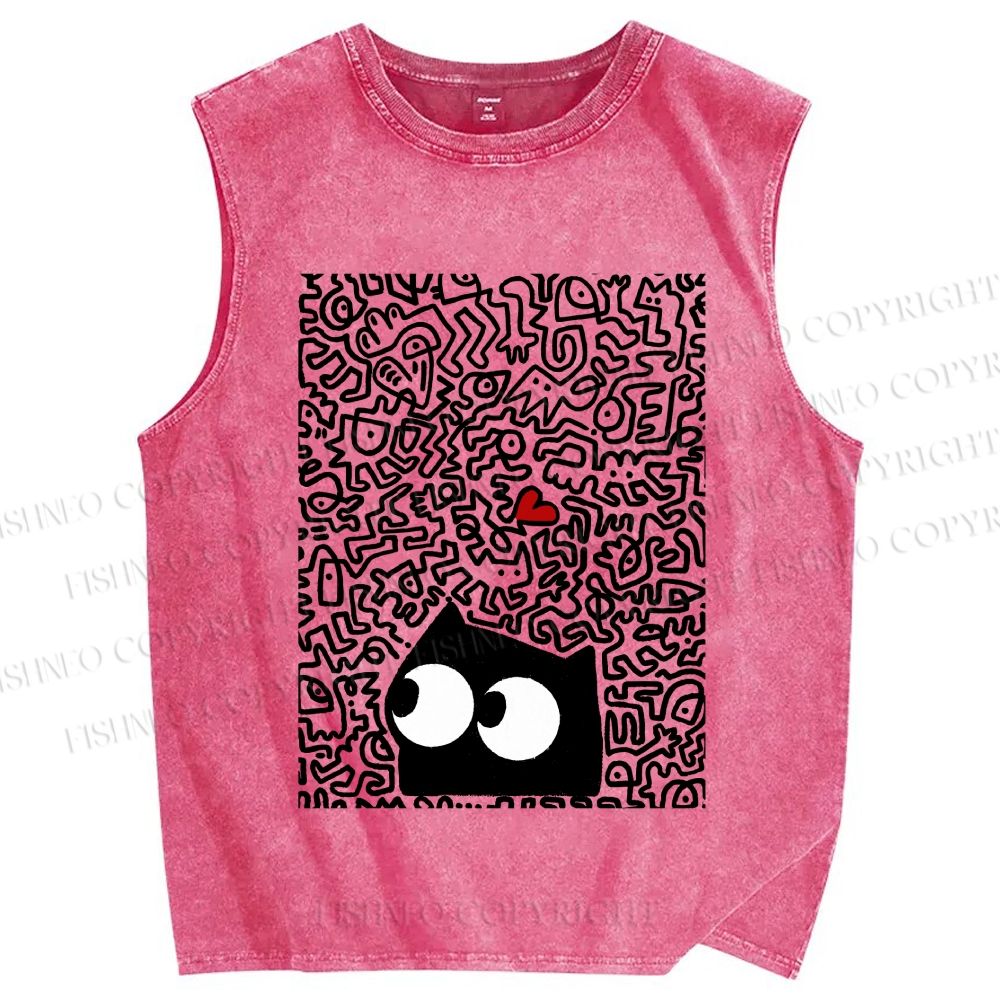 Unisex Black Cat in Line Graffiti Printed Washed Tank Top