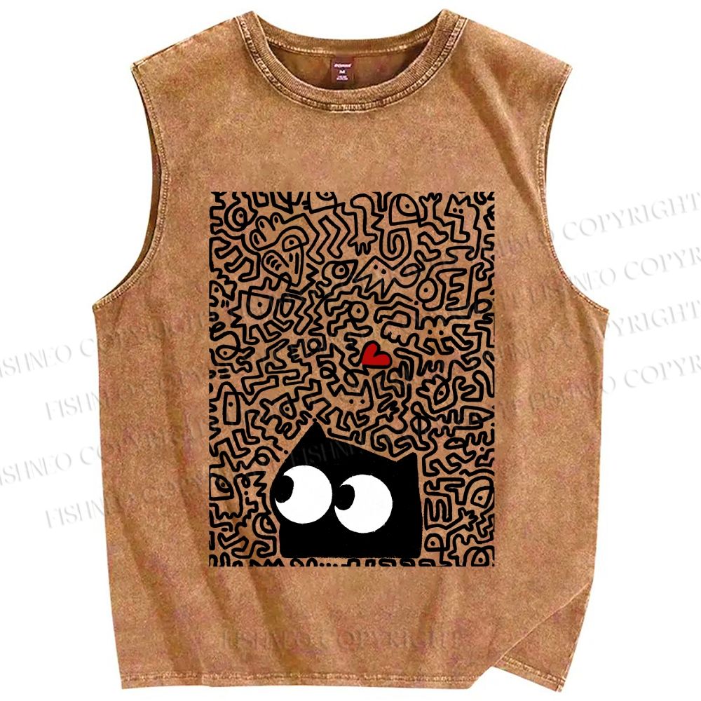 Unisex Black Cat in Line Graffiti Printed Washed Tank Top