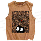 Unisex Black Cat in Line Graffiti Printed Washed Tank Top