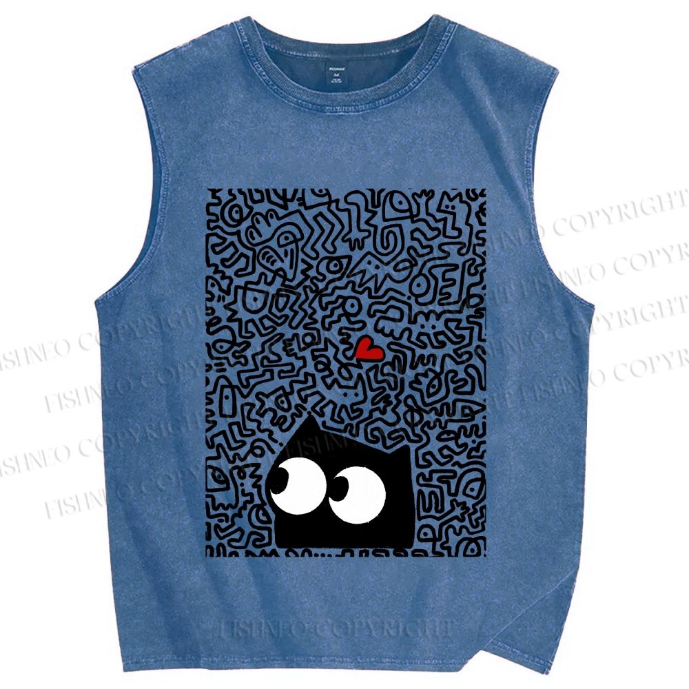 Unisex Black Cat in Line Graffiti Printed Washed Tank Top