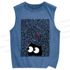 Unisex Black Cat in Line Graffiti Printed Washed Tank Top