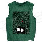 Unisex Black Cat in Line Graffiti Printed Washed Tank Top