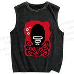 Unisex Black Octopus Printed Washed Tank Top