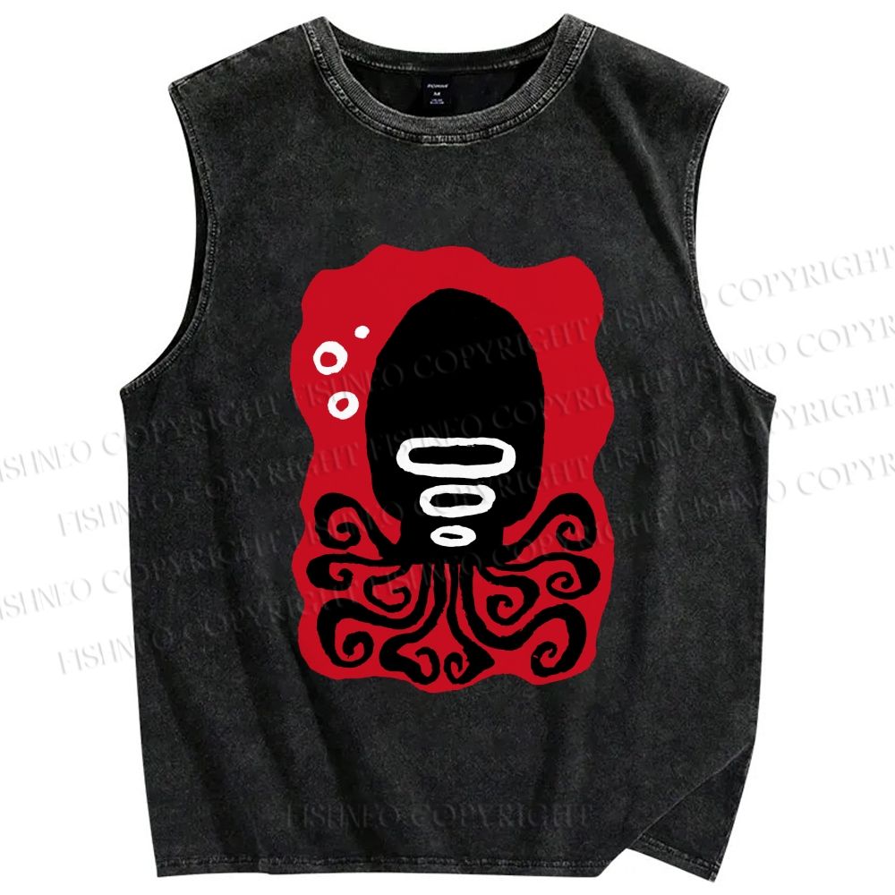 Unisex Black Octopus Printed Washed Tank Top