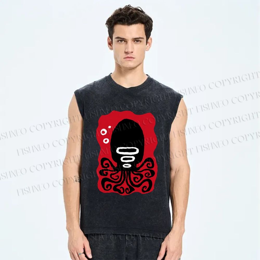 Unisex Black Octopus Printed Washed Tank Top