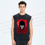 Unisex Black Octopus Printed Washed Tank Top