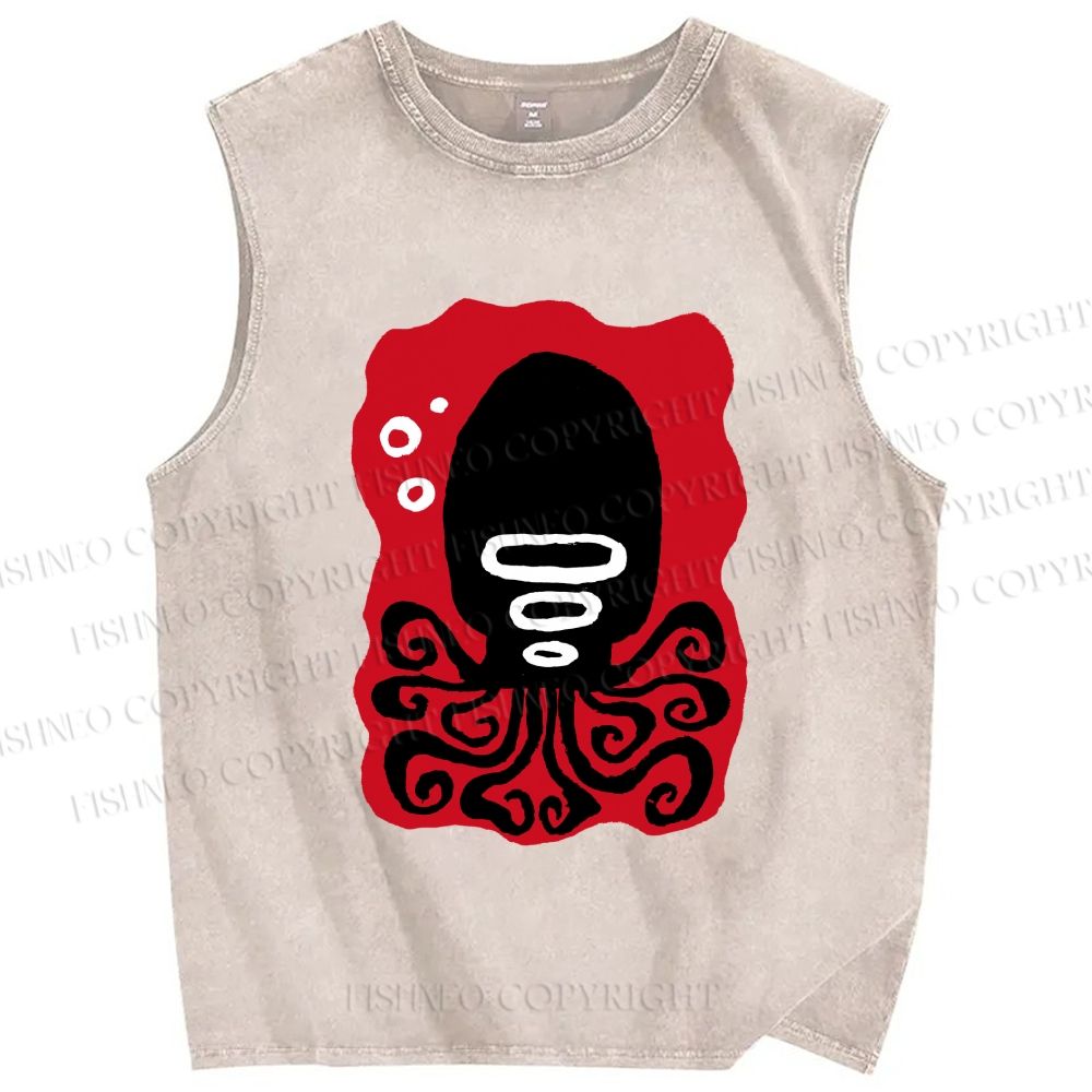 Unisex Black Octopus Printed Washed Tank Top
