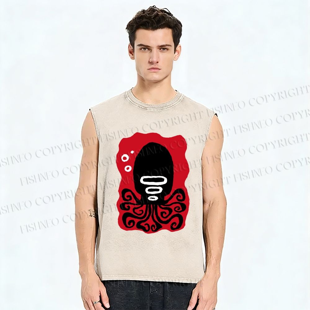 Unisex Black Octopus Printed Washed Tank Top