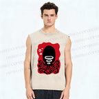 Unisex Black Octopus Printed Washed Tank Top