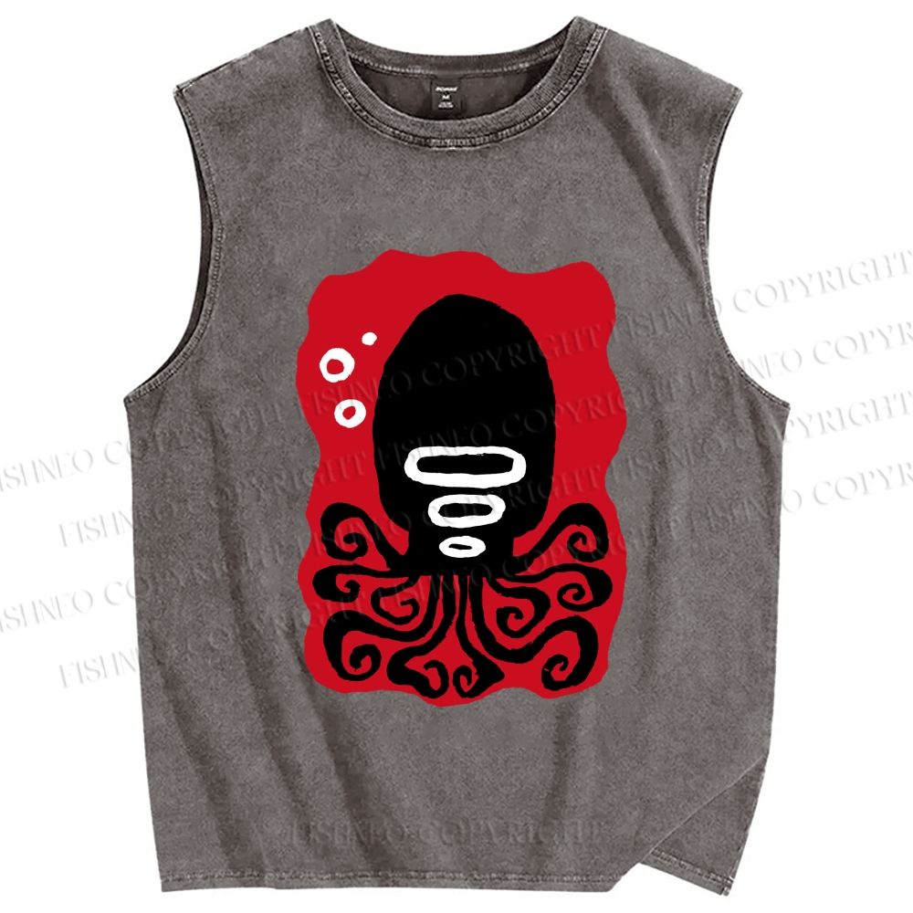 Unisex Black Octopus Printed Washed Tank Top