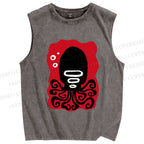 Unisex Black Octopus Printed Washed Tank Top