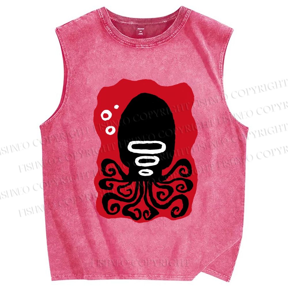 Unisex Black Octopus Printed Washed Tank Top