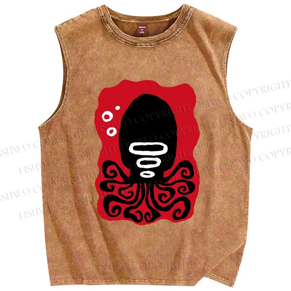 Unisex Black Octopus Printed Washed Tank Top