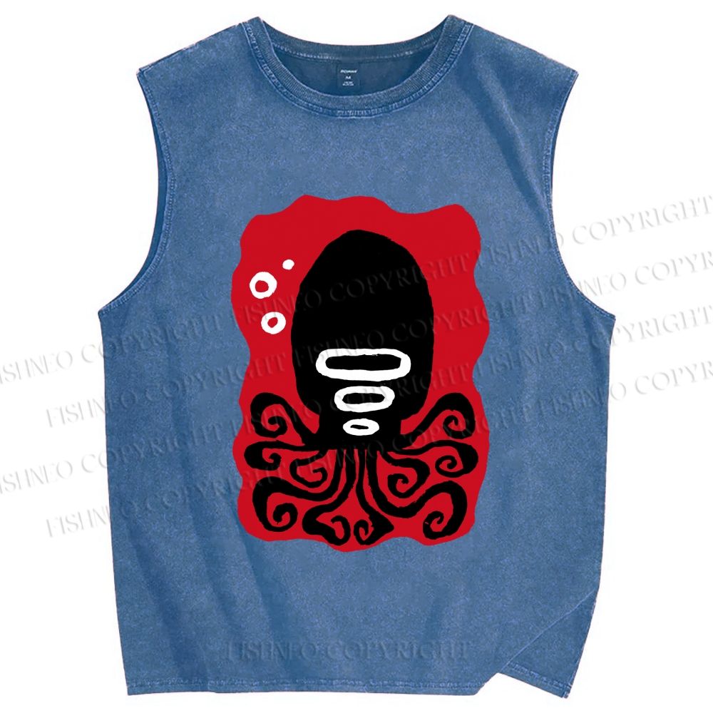 Unisex Black Octopus Printed Washed Tank Top
