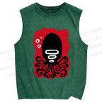 Unisex Black Octopus Printed Washed Tank Top
