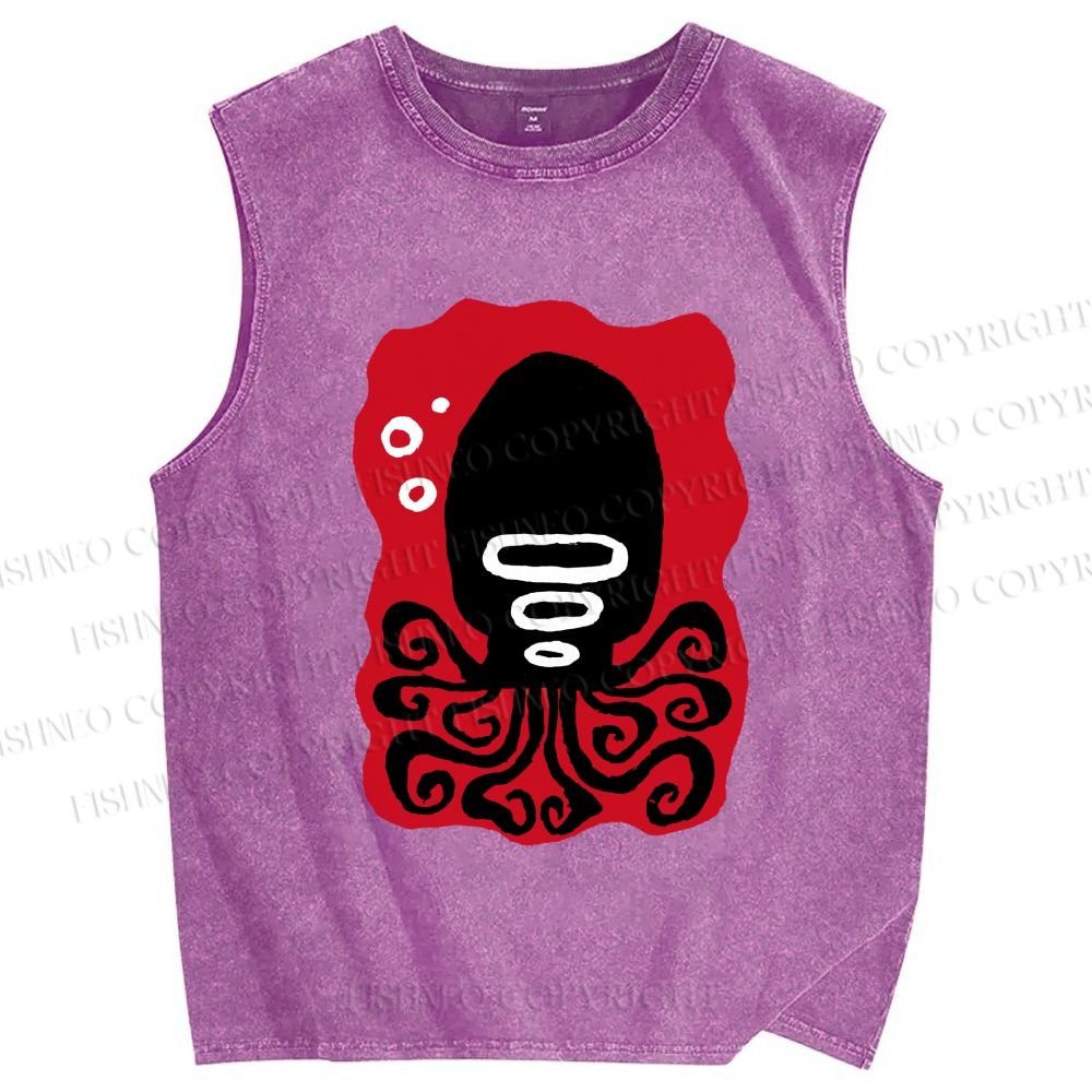 Unisex Black Octopus Printed Washed Tank Top