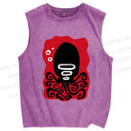 Unisex Black Octopus Printed Washed Tank Top