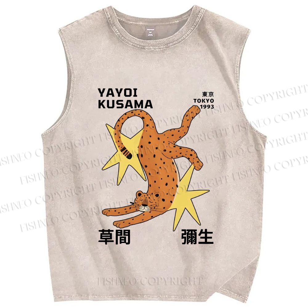 Unisex Yayoi Kusama Funny Panther With Stars Printed Washed Tank Top