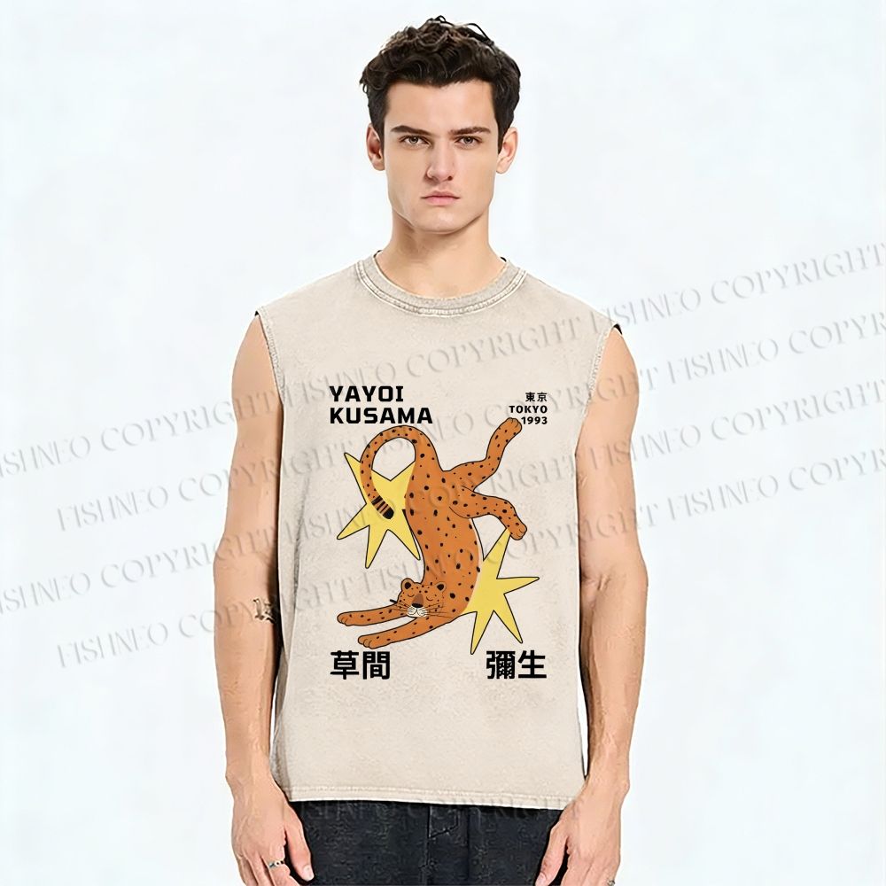 Unisex Yayoi Kusama Funny Panther With Stars Printed Washed Tank Top