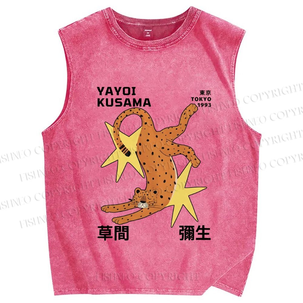 Unisex Yayoi Kusama Funny Panther With Stars Printed Washed Tank Top