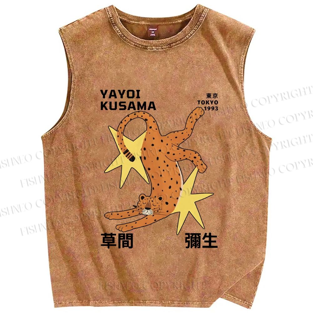 Unisex Yayoi Kusama Funny Panther With Stars Printed Washed Tank Top