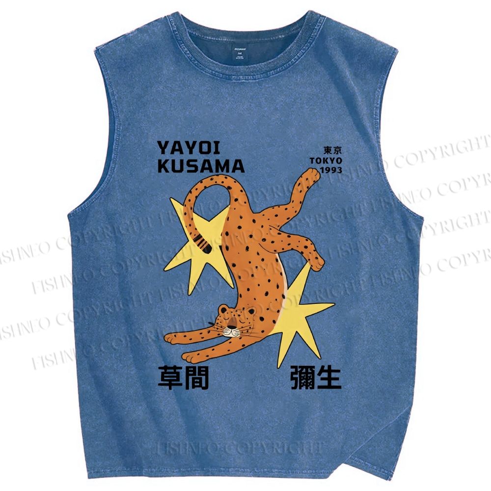 Unisex Yayoi Kusama Funny Panther With Stars Printed Washed Tank Top