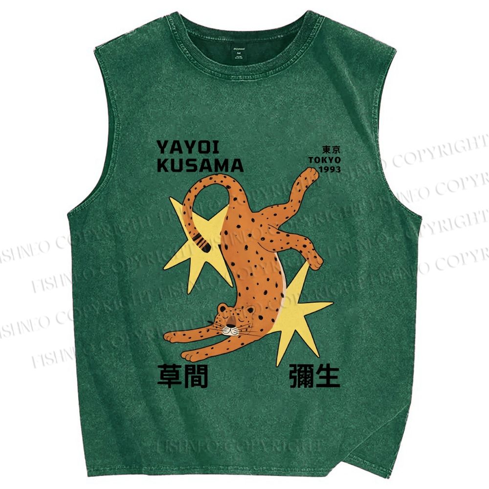 Unisex Yayoi Kusama Funny Panther With Stars Printed Washed Tank Top