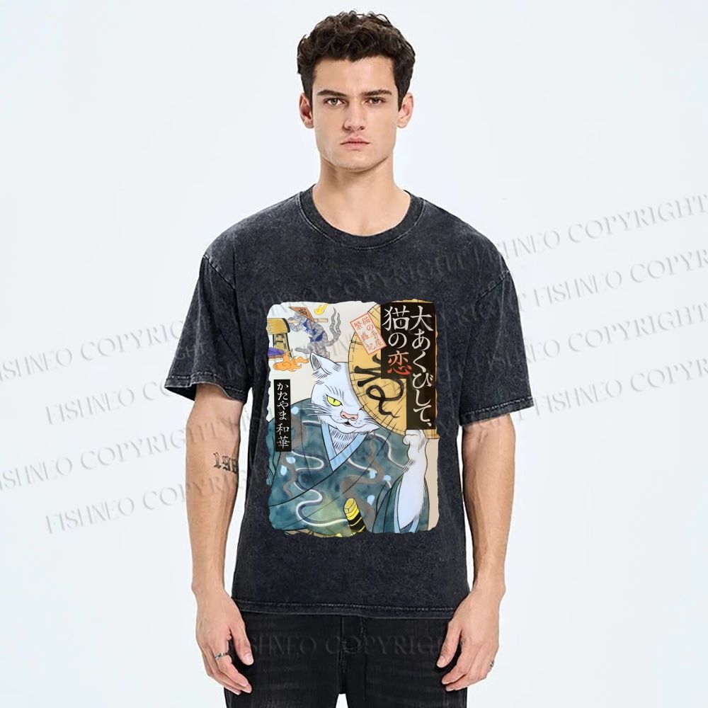 Unisex Ayako Ishiguro Japanese Ukiyo-e Weird Cat Printed Washed Tee