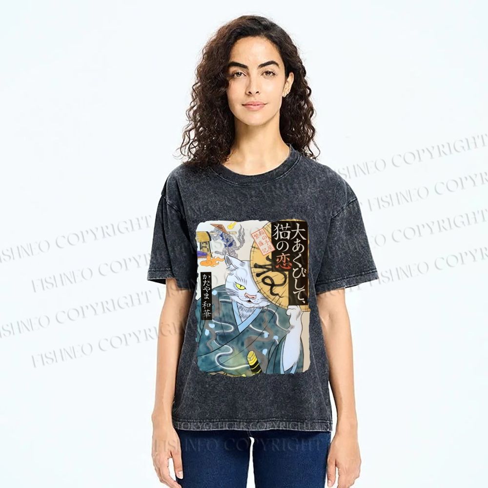 Unisex Ayako Ishiguro Japanese Ukiyo-e Weird Cat Printed Washed Tee