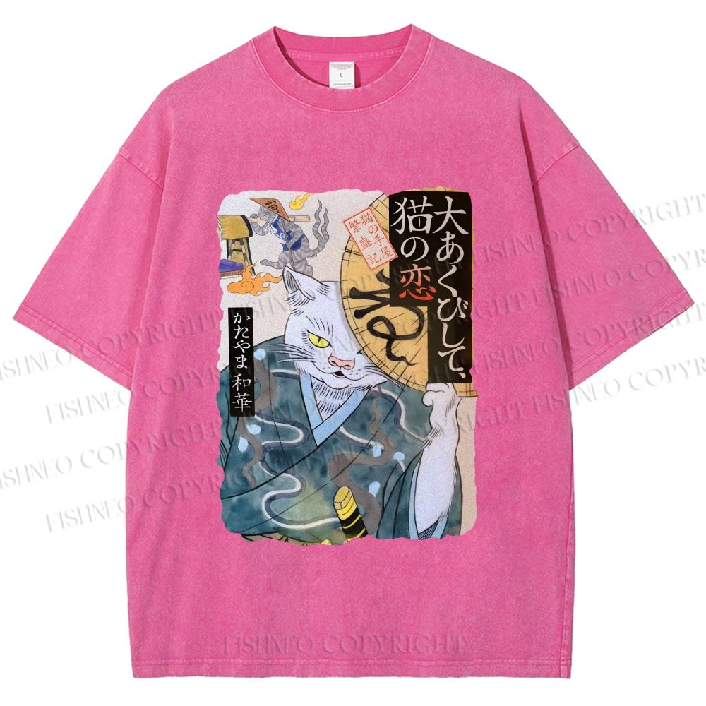 Unisex Ayako Ishiguro Japanese Ukiyo-e Weird Cat Printed Washed Tee