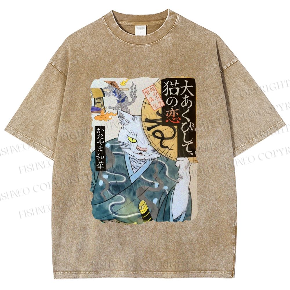 Unisex Ayako Ishiguro Japanese Ukiyo-e Weird Cat Printed Washed Tee