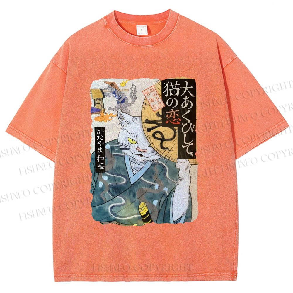 Unisex Ayako Ishiguro Japanese Ukiyo-e Weird Cat Printed Washed Tee