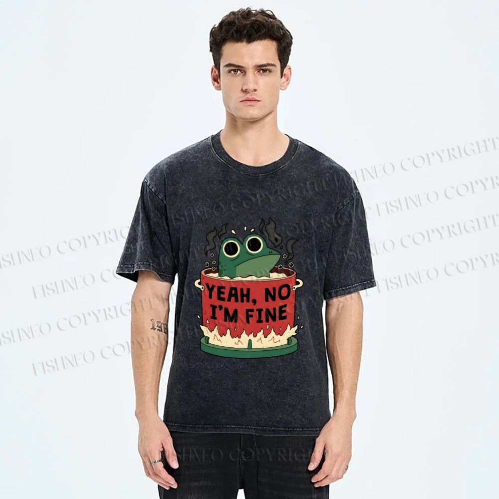 Unisex Yeah Im Fine Frog in Pot Printed Washed Tee