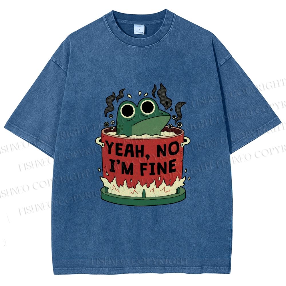 Unisex Yeah Im Fine Frog in Pot Printed Washed Tee
